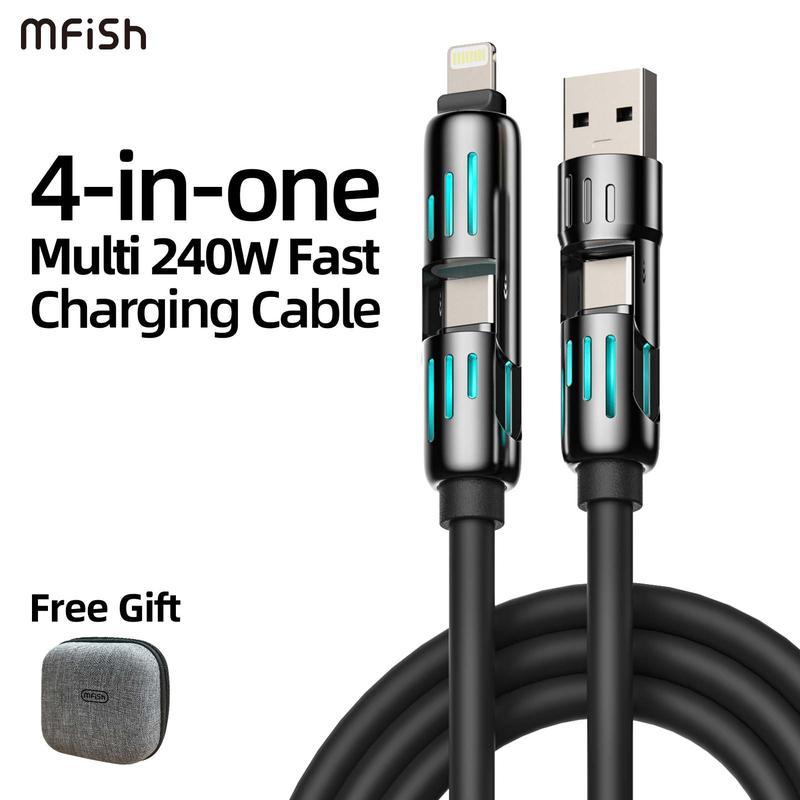 MFish 4-in-1 Multi USB Charging Cable with USB A,Type C, Lightning -MAX 240W Fast Charging & Data Sync for iPhone 16 15, iPad Pro, Samsung & Laptops  Smartphone Charger