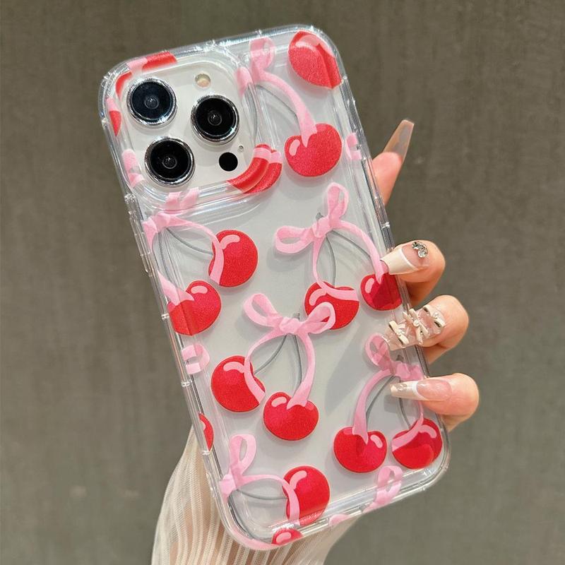 Fall Cherry Bow Pattern Phone Case, Shockproof Phone Protective Cover, Phone Accessories for iPhone Series 16 11 12 13 14 15 Pro Max 15 Plus