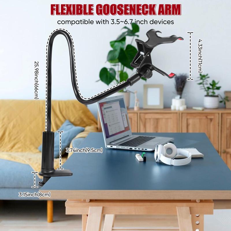 Gooseneck Bed Phone Holder,Cell Phone Mount Clip Stand Lazy Bracket 360 Adjustable Mobile Phone Clamp Bracket Compatible with 4.0-7.2'' Device All Smartphones Gooseneck Phone Holder (Black)