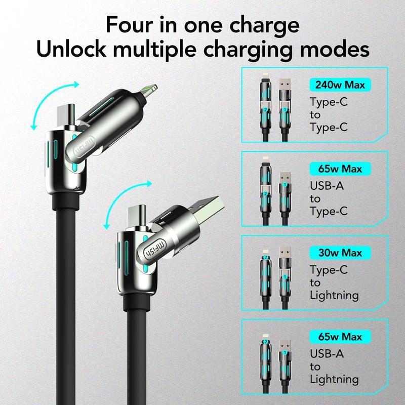 MFish 4-in-1 Multi USB Charging Cable with USB A,Type C, Lightning -MAX 240W Fast Charging & Data Sync for iPhone 16 15, iPad Pro, Samsung & Laptops  Smartphone Charger