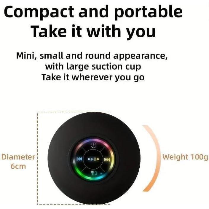 Waterproof speaker, portable wireless speaker with suction cup, USB rechargeable black speaker, with a playback time of 2 hours, suitable for parties, bathrooms, travel, homes, and outdoors (suction cup must be on a smooth surface to use)