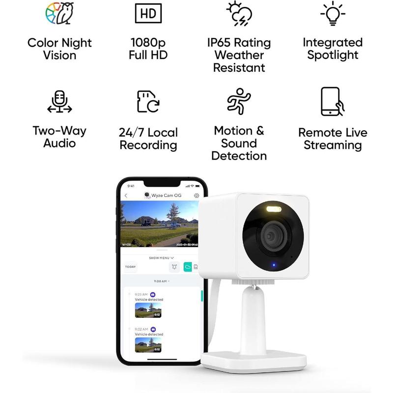 Wyze Cam OG Indoor Outdoor 1080p Wi-Fi Smart Home Security Camera with Color Night Vision, Built-in Spotlight, Motion Detection, 2-Way Audio, Compatible with Alexa & Google Assistant, White