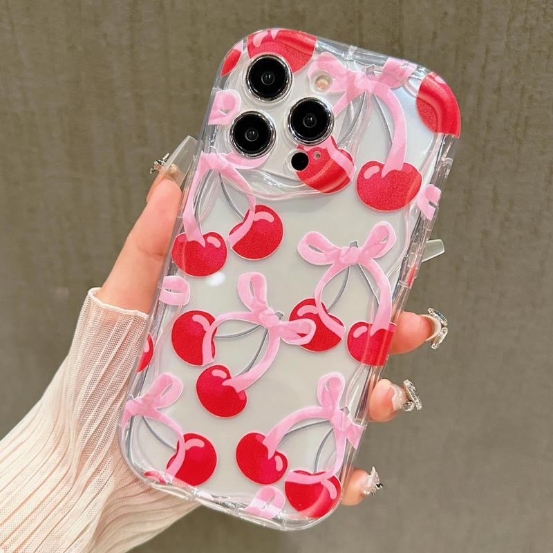 Fall Cherry Bow Pattern Phone Case, Shockproof Phone Protective Cover, Phone Accessories for iPhone Series 16 11 12 13 14 15 Pro Max 15 Plus