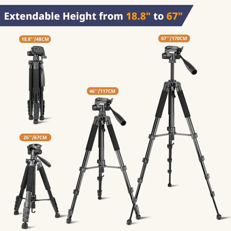67，74 Inch Heavy Duty Tripod Stand for Cameras, Cell Phones, Projectors, Webcams, Spotting Scopes - Complete Unit for Canon, Nikon, Sony - Perfect for Phone & Camera Photography