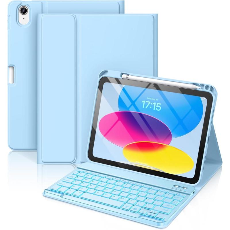 iPad 10th Generation Case with Keyboard Colors Backlit Wireless Detachable Folio Keyboard Cover with Pencil Holder Accessories Computer Tablet Android