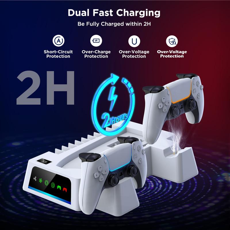 YOGES PS5 Cooling Station with Temperature Sensor 2H Fast PS5 Dual Controller Charger Station PS5 Cooling Stand Console Smartphone