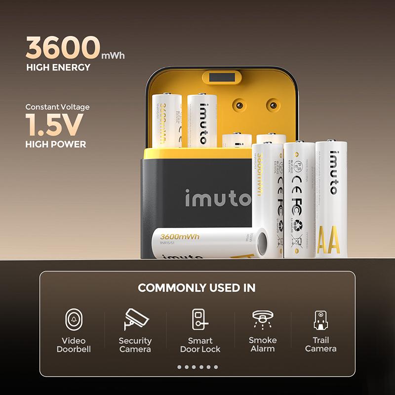 Brand New imuto 3600mWh Rechargeable Lithium AA Batteries with Fast Charger Case, 8 Pack 1.5V Long Lasting Double A Lithium-ion Batteries, 3H Fast Charge, Recharge up to 1200x Times