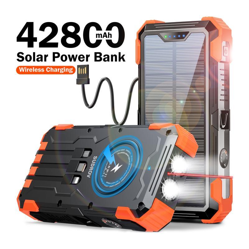 Sudrov 42800mAh Solar Charger Power Bank  Wireless Charger Built in 4 Cables 7 Outputs 15 Watts Fast Charging Power Bank for All Mobile Devices with Dual Flashlights, Carabiner and Thermometer