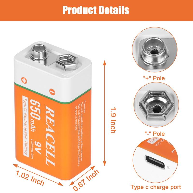 9V Rechargeable Batteries with 2 in 1 USB C Charge Cable, 9 Volt Batteries 6F22 for Smoke Detector Alarms, 2 Pack Accessories Charging