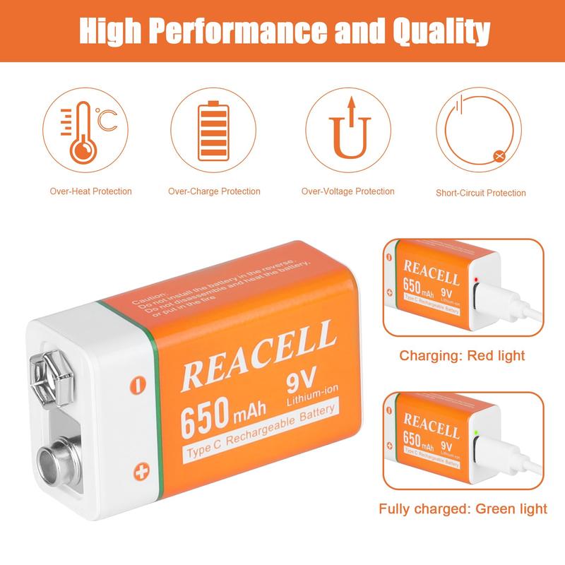 9V Rechargeable Batteries with 2 in 1 USB C Charge Cable, 9 Volt Batteries 6F22 for Smoke Detector Alarms, 2 Pack Accessories Charging