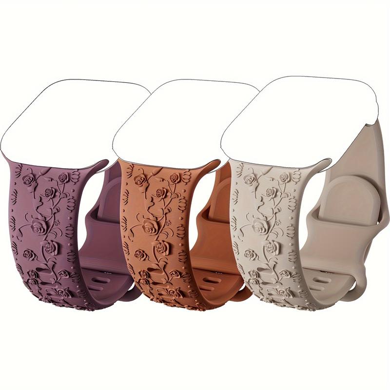 3 Pack Floral Carved Apple Watch Strap 40mm 41mm 38mm 45mm 44mm 49mm 42mm Women Men, Silicone Cute Floral Embossed Rose Flowers Print Sports Strap, for IWatch Strap Series 9 8 7 6 5 4 3 2 1 SE 2nd Ultra 2 1