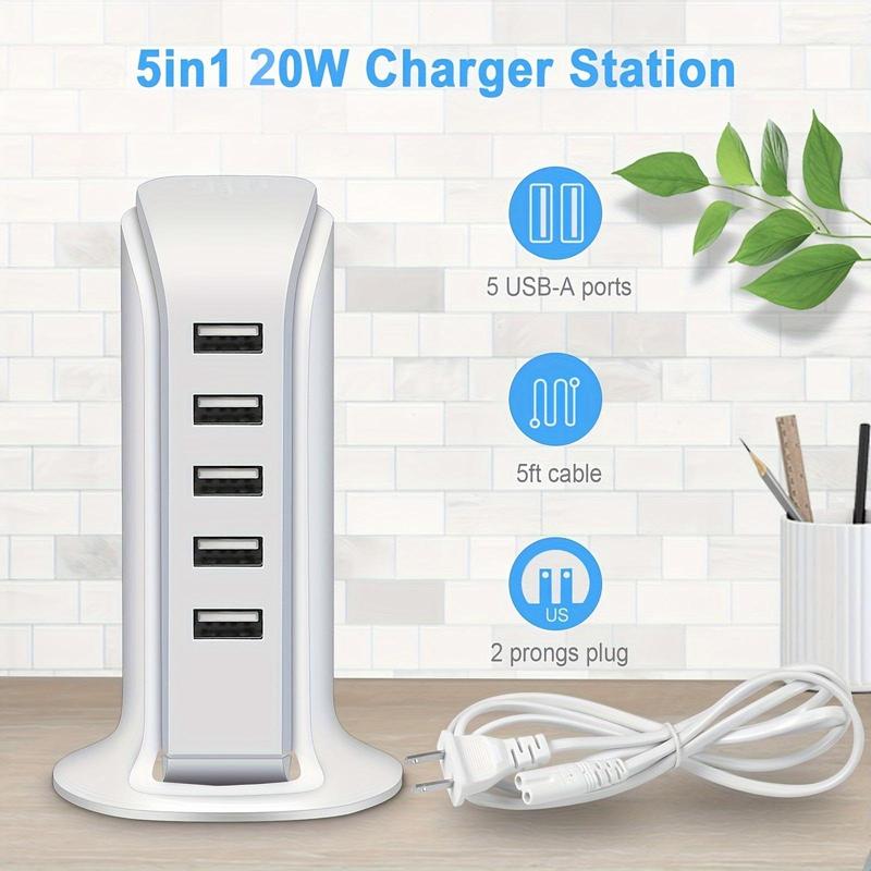 Portable Charger, 5-Port USB Charging Station, Multi-functional Desk USB Mobile Phone Charger for iPhone iPad Kindle Smartphone Electronic Devices, USB Charging Station with 5ft Cable