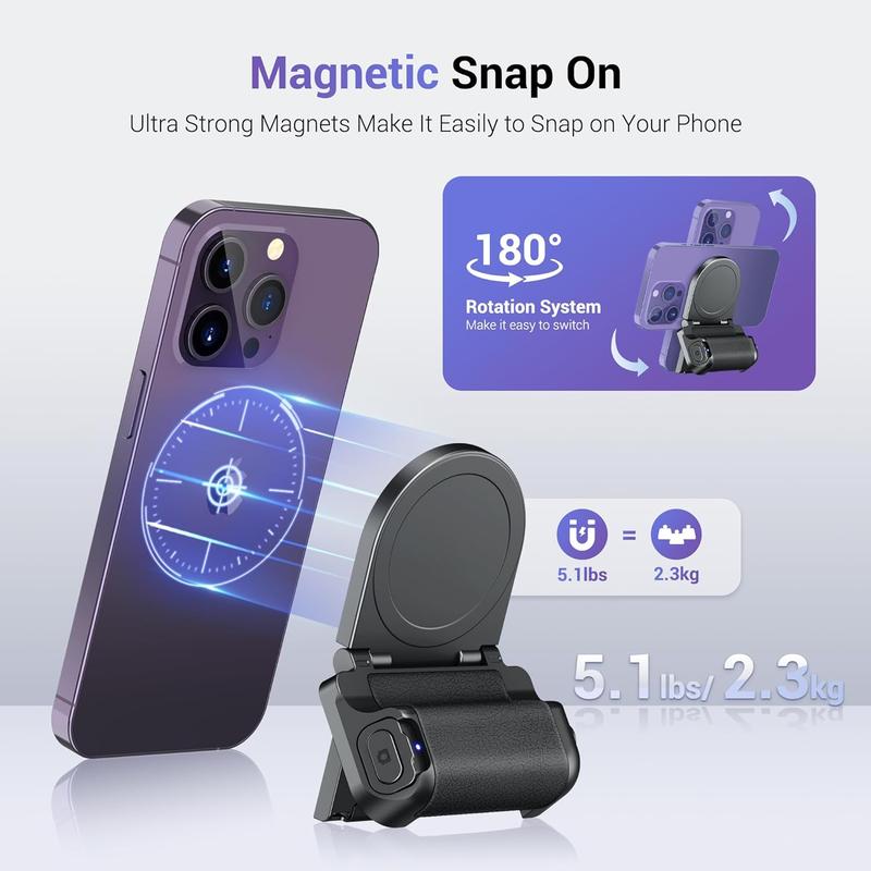 Magnetic Smartphone Shooting Holder Phone Hand Grip Handle Snap On Phone Stand with Tripod Mount & Wireless Shutter Remote for iPhone 16 15 14 13 12 Pro Max Android Cellphone Vlog Video Photography