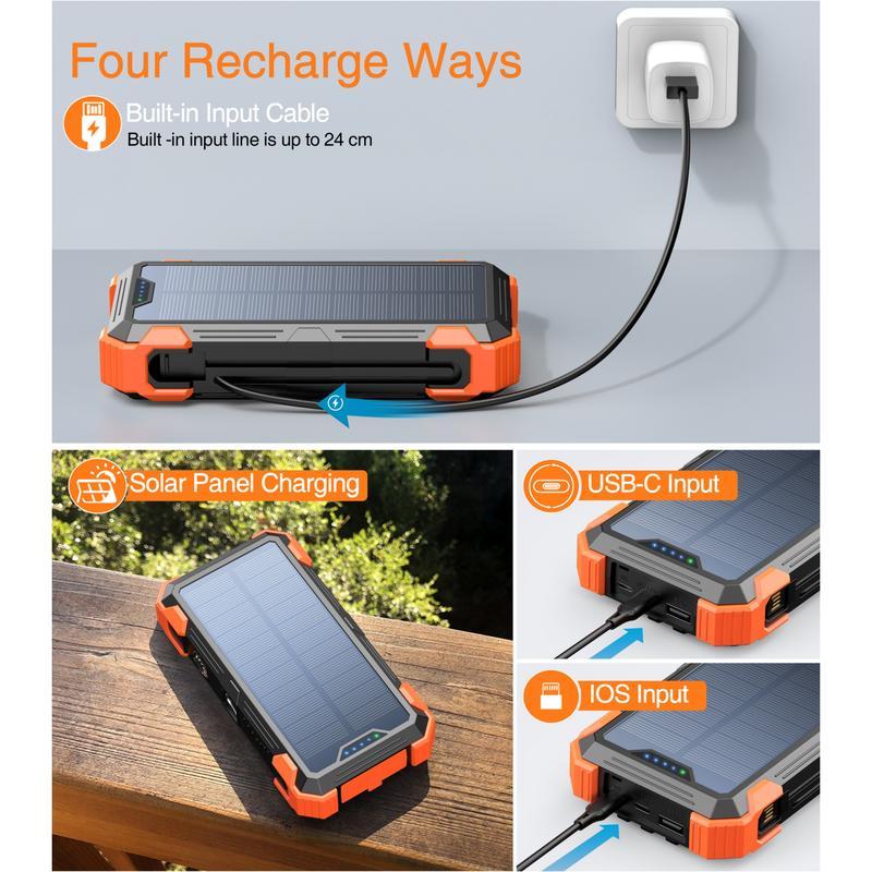 Sudrov 42800mAh Solar Charger Power Bank  Wireless Charger Built in 4 Cables 7 Outputs 15 Watts Fast Charging Power Bank for All Mobile Devices with Dual Flashlights, Carabiner and Thermometer