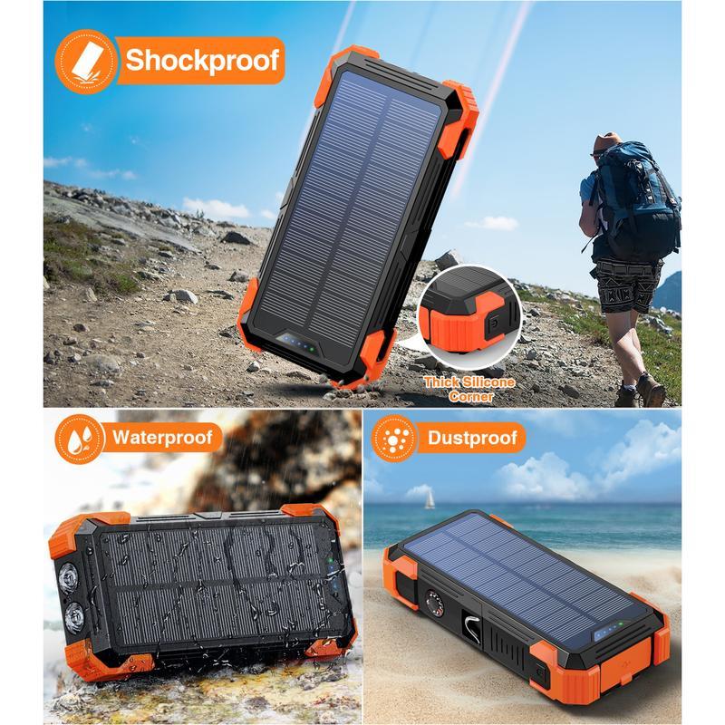 Sudrov 42800mAh Solar Charger Power Bank  Wireless Charger Built in 4 Cables 7 Outputs 15 Watts Fast Charging Power Bank for All Mobile Devices with Dual Flashlights, Carabiner and Thermometer