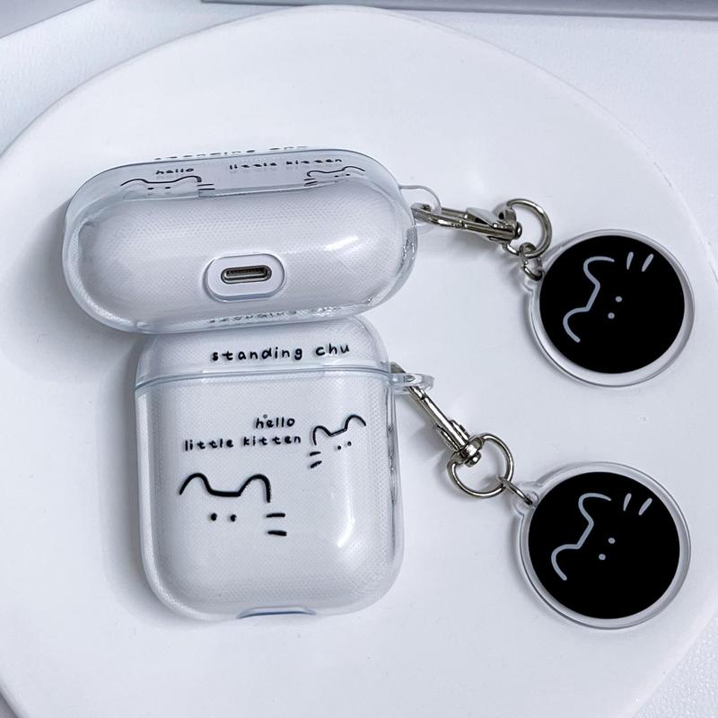 Cute Cat Design Earphone Case with Keychain, 1 Count Earphone Protective Cover, Earphone Accessories Compatible with AirPods