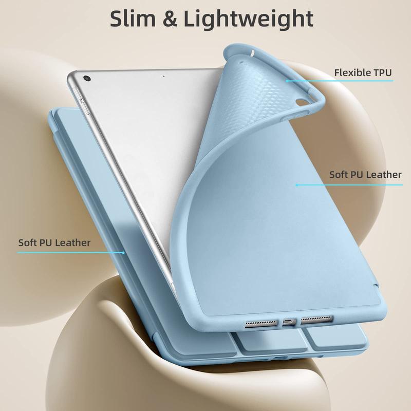 Case Compatible with iPad 10.2 Inch 2021 2020 2019, for iPad 9th 8th 7th Generation Case with Pencil Holder, Protective Case with Soft TPU Back, Auto Sleep Wake Cover, Sky Blue