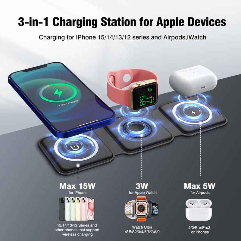 Christmas Gift Charging Station for Apple Multiple Devices - 3 in 1 Foldable Magnetic Wireless Charger Dock - Travel Charging Pad for iPhone 15 14 13 12 Pro Max Plus Watch & Airpods, christmas gift ideas Black Friday Deals tiktok shop store