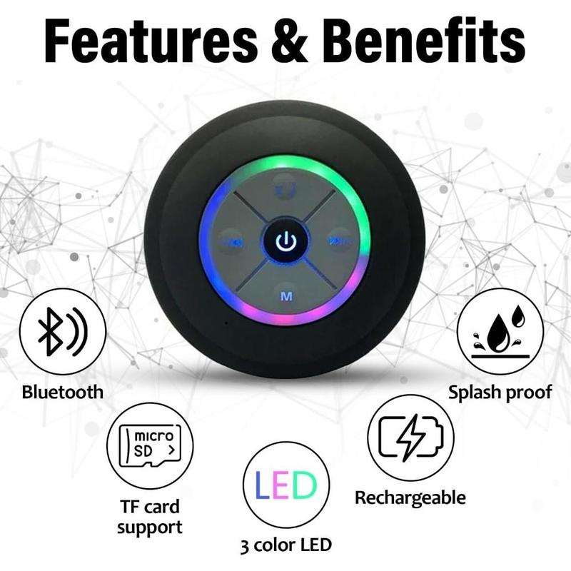 Mini Bluetooth Shower Speaker with LED light,Portable IPX4 Waterproof, Hands-FreeSpeakerphone. Rechargeable Using Micro USB,Wireless Stereo for Beach, Shower & Home portable mini