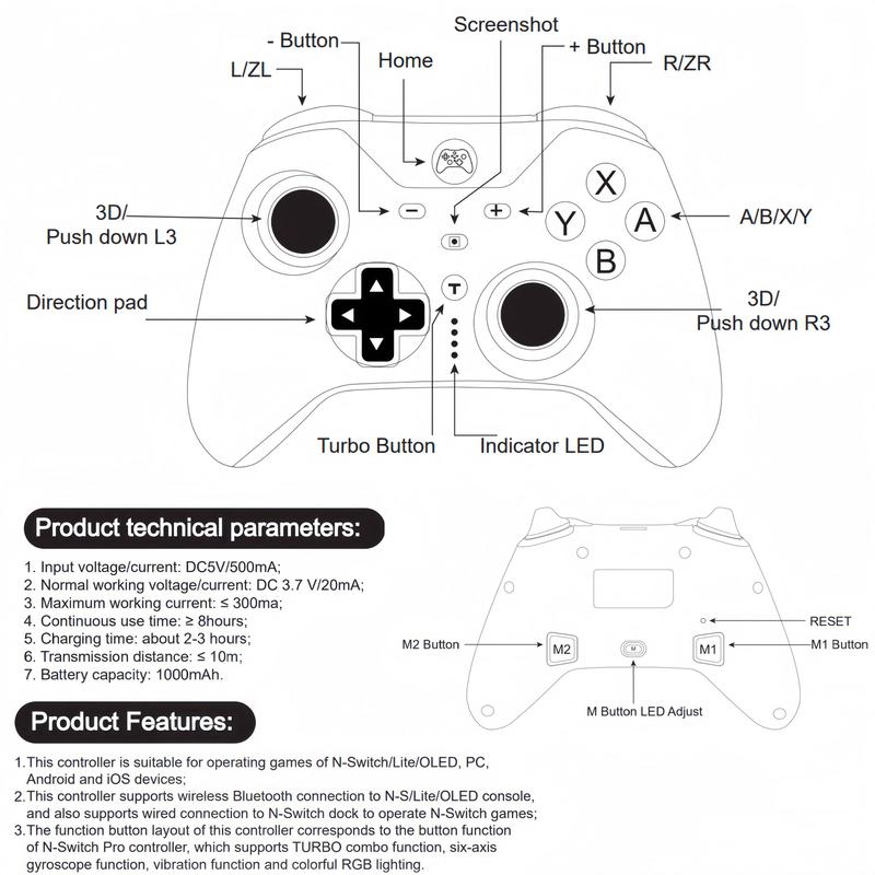 Wireless Controller, 1 Count with RGB LED Programmed Motion-Control Vibration, Hall Plate Machine Wukong Game Controller for Switch Lite OLED, Windows PC, iOS, Android