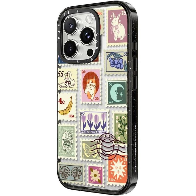 CASETi Impact Case for iPhone 16 15 14 13 12  - Stamp Collection - Clear Black