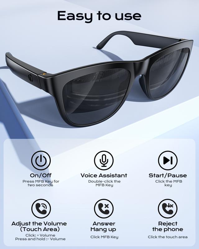 Smart Glasses Listenable Songs,Wireless Headphone Smart Glasses for Mobile Phone,Glasses For Men and Woman,200H Standby Time Long Battery, Athletic Outdoor UV Protection and Voice Control