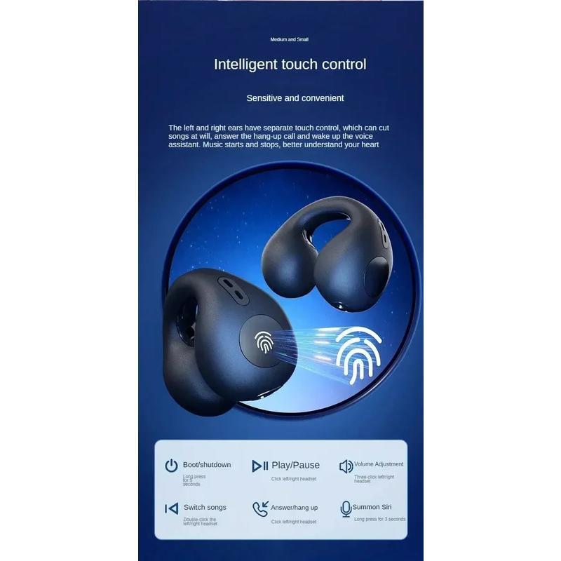 Bluetooth Headset 5.3 Wireless Bone Conduction Headphones Clip Ear Music Noise Canceling HD Call Sports Gaming Earphone