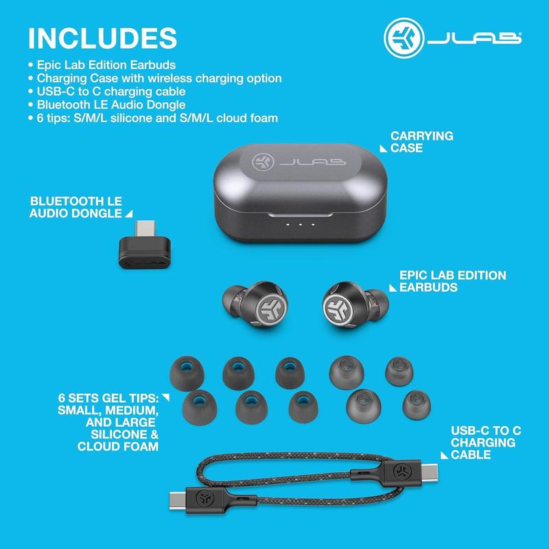 JLab Epic Lab Edition Earbuds & Cleaning Kit, Hi-Res Audio, Active Noise Cancellation, Wireless Charge, Bluetooth, Dual Drivers, Custom Sound Controls Headphone Cable