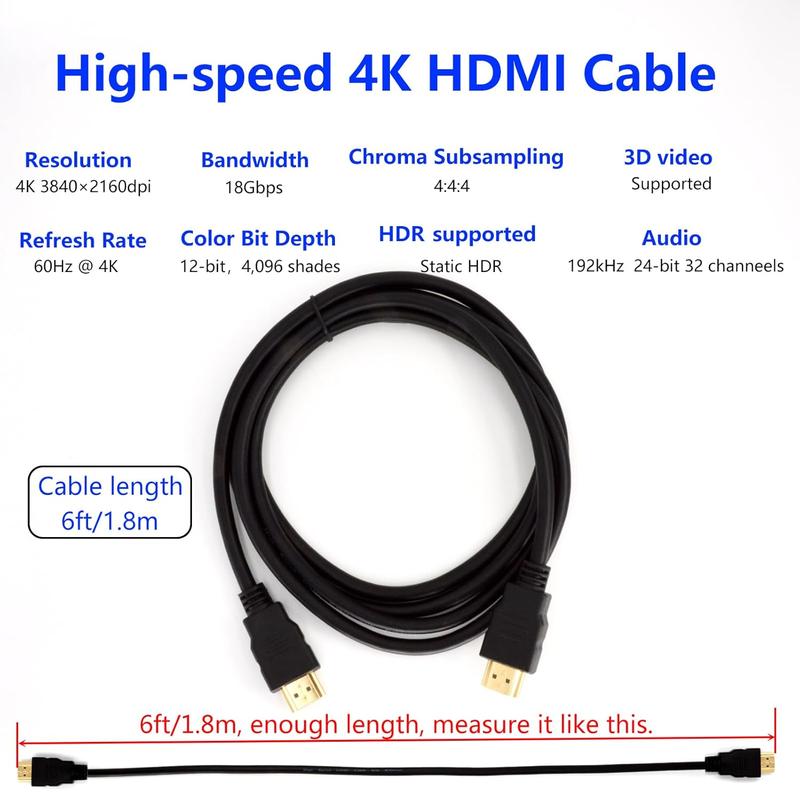 Premium 4K HDMI  2.0 with Ethernet - HDMI 4K  2.0 (4K @ 60Hz) Ready - High Speed 18Gbps -  Plated Connectors - ARC - Video 4K Ultra HD 2160p 1080p 3D HDR - HDMI  6 ft 1.8m