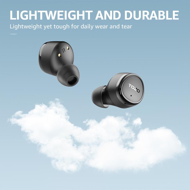 TOZO E1 Wireless Earbuds Build in Mic Clear Calls Ergonomic Light-Weight Bluetooth 5.3 in Ear Headphones IPX6 Waterproof Premium Stereo Sound Headset 30H Playtime with 32 EQs via APP, Black