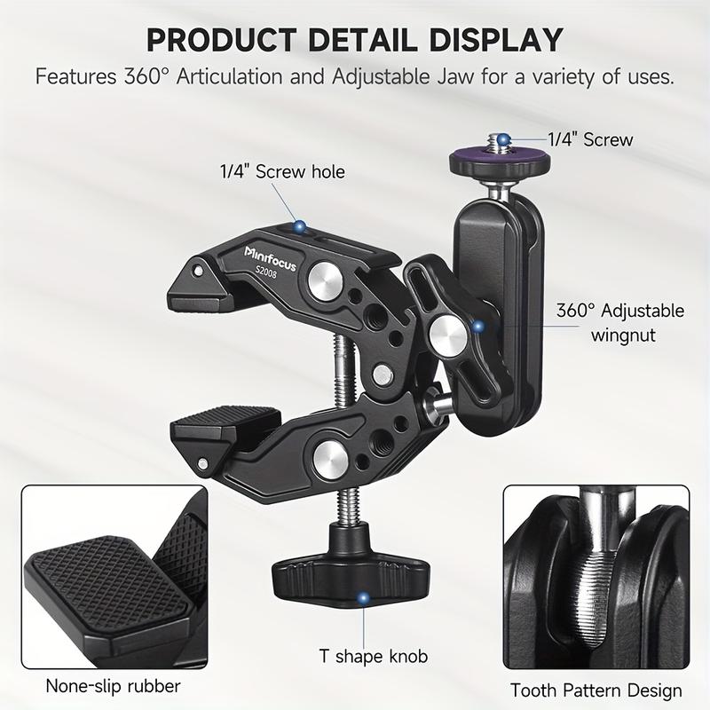 Multi-functional camera clip set with 360° swivel magic arm, dual ball head adapter and ARRI hole - Includes phone mount and sports camera mount - Lightweight aluminum for Canon, Nikon, GoPro, LED lights and more
