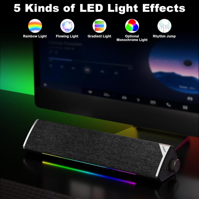 R60 Bluetooth Computer Speakers, USB Plug-N-Play PC Speakers with LED Dynamic Light, Surround Sound Soundbar Speakers with Rotary Switch for Desktop Laptop (USB-C to USB Adapter Included)