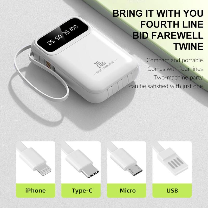 Portable Charger with Built-in Cable, 10,000mAh Capacity, Built-in Type-C and iOS Output Cable, Slim Travel Essentials Battery Pack with LED Display for iPhone Series, Android Phones and Most Electronic Devices