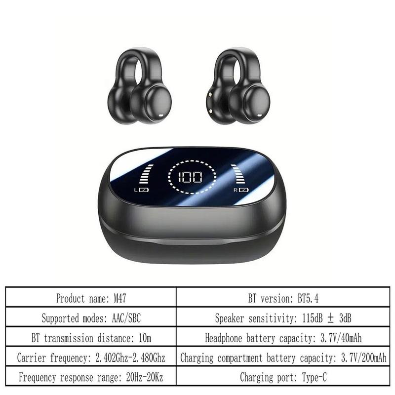 Wireless Earphone, Clip-on Design Earphone with Power Display Charging Case, Bluetooth-compatible Sports Earphone for Running, Sports, Fitness