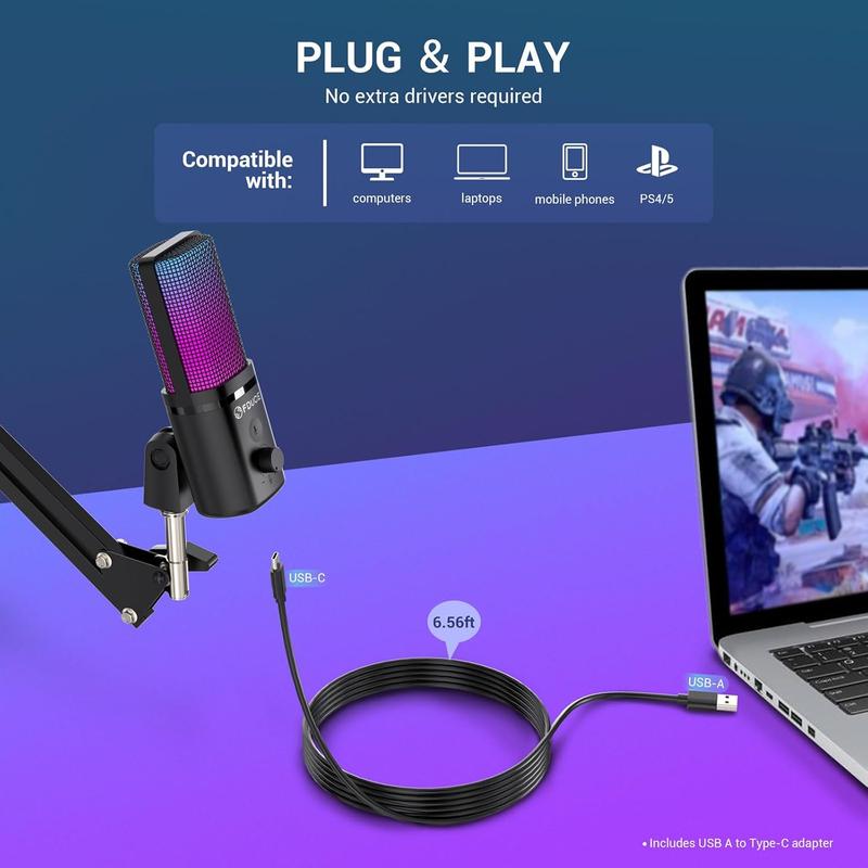 Gaming USB Microphone, RGB Condenser mic with Mute, Gain, , Boom Arm for Streaming, Podcast, Twitch, YouTube, PC, Computer, PS5, (M160+)