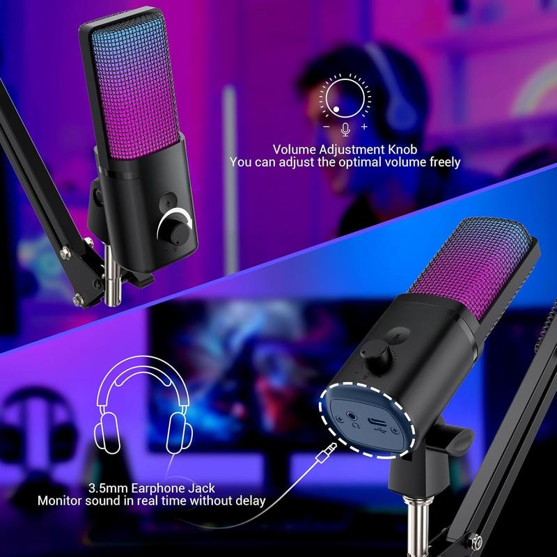 Gaming USB Microphone, RGB Condenser mic with Mute, Gain, , Boom Arm for Streaming, Podcast, Twitch, YouTube, PC, Computer, PS5, (M160+)