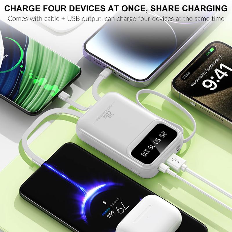 Portable Charger with Built-in Cable, 10,000mAh Capacity, Built-in Type-C and iOS Output Cable, Slim Travel Essentials Battery Pack with LED Display for iPhone Series, Android Phones and Most Electronic Devices