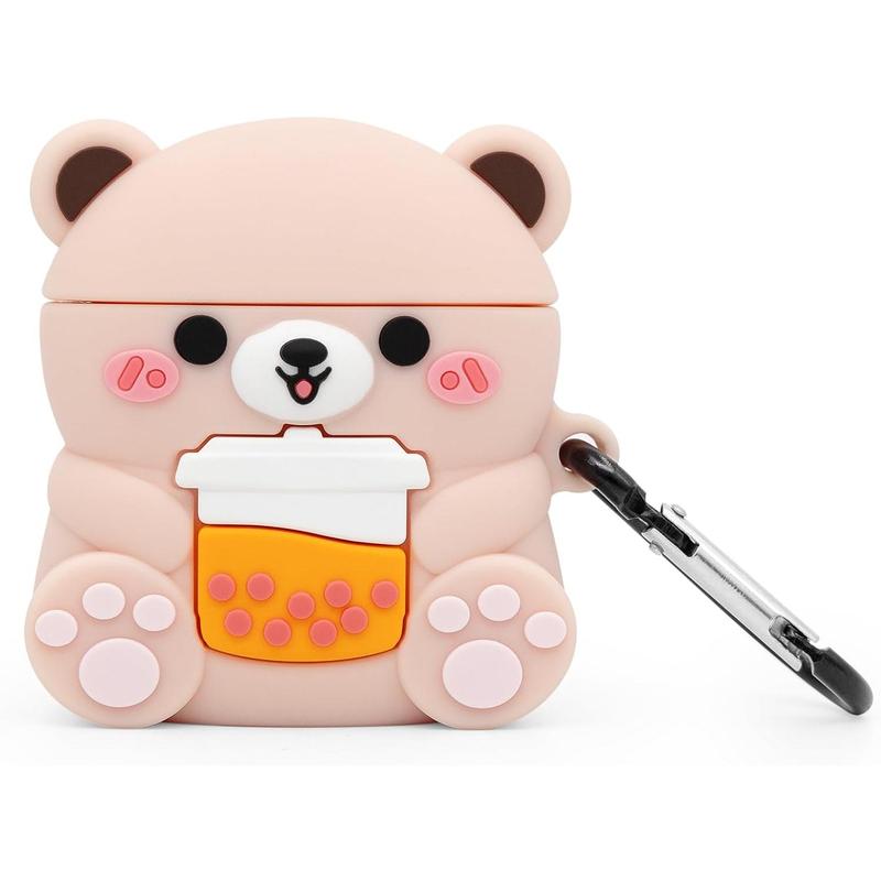 Cute Airpods Case, Boba  Bear Airpods 2 Case, Funny Cartoon 3D  Soft PVC Shockproof  Case Cover with Carabiner for Airpods 1st Generation, Airpods 2nd Generation