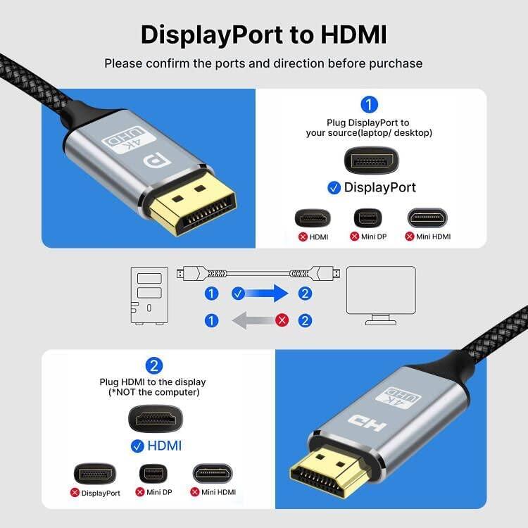 4K DisplayPort to HDMI  10FT,[Aluminum Shell,Nylon Braided]High Speed,UHD(1440P 60Hz,1080P 120Hz) Unidirectional DP to HDMI  Cord for ,,Projector,Desktop, ,,,