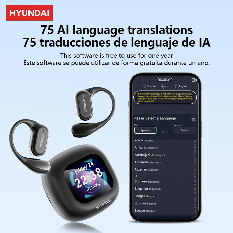 HYUNDAI Q18 OWS Full Color Touch Screen Bluetooth Translation Earphones Support 75 Languages Face-to-Face& Simultaneous ,Video Voice Real Time Translation Headphone Support Playing Music&Phone Calls Wireless Earbuds