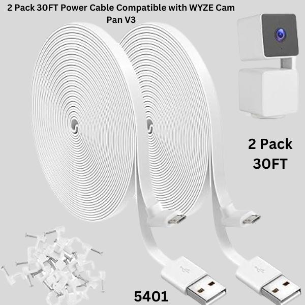 2Pack 30FT Power Cable Compatible with WYZE Cam Pan V3, USB to 90 Degree Micro USB Extension Cable ,L-Shaped Flat Power Cord (White)Accessories Camera