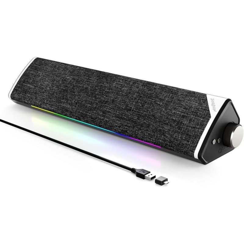 R60 Bluetooth Computer Speakers, USB Plug-N-Play PC Speakers with LED Dynamic Light, Surround Sound Soundbar Speakers with Rotary Switch for Desktop Laptop (USB-C to USB Adapter Included)