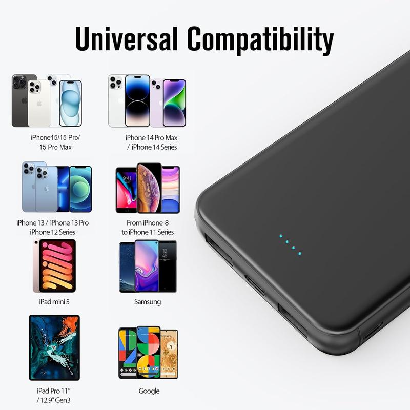 Portable Charger Power , 15W Fast  10000mAh External Power , USB-C in&Out  Pack for  15 14 13 12 Series,  Galaxy, etc (Black)