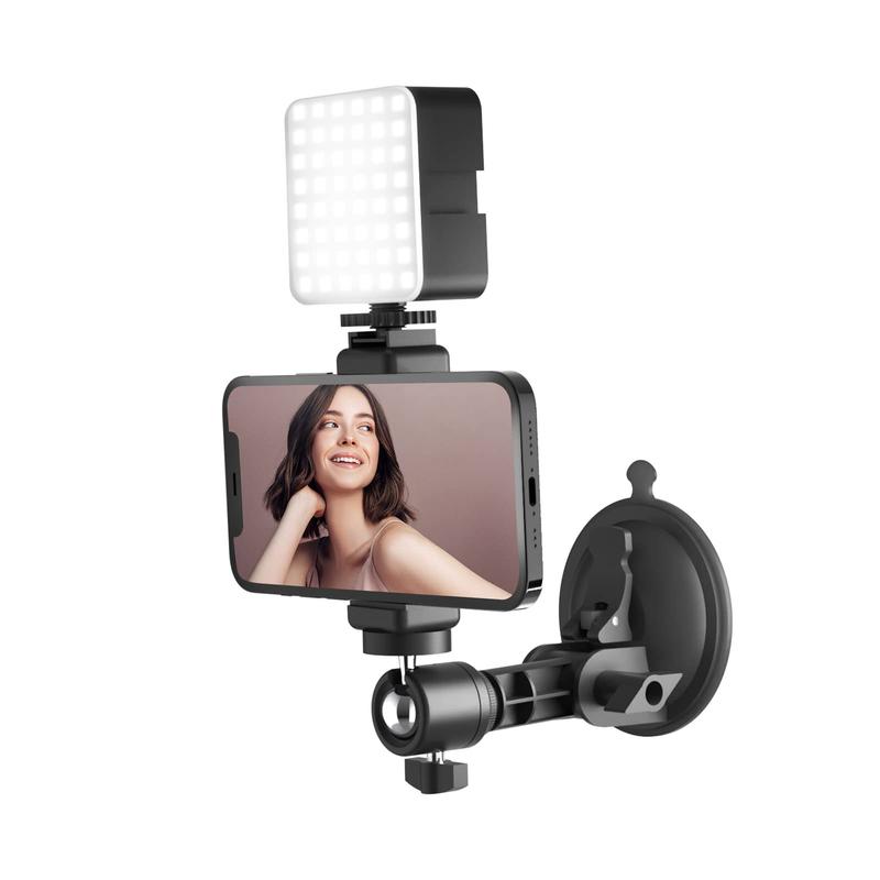 Suction Cup Mirror Phone Holder with Light, Adjustable Travel Wall Phone Camera Mount for Makeup Content Creator, Mirror Tripod for Home Kitchen Compatible with Smooth Surface, Phone Accessories