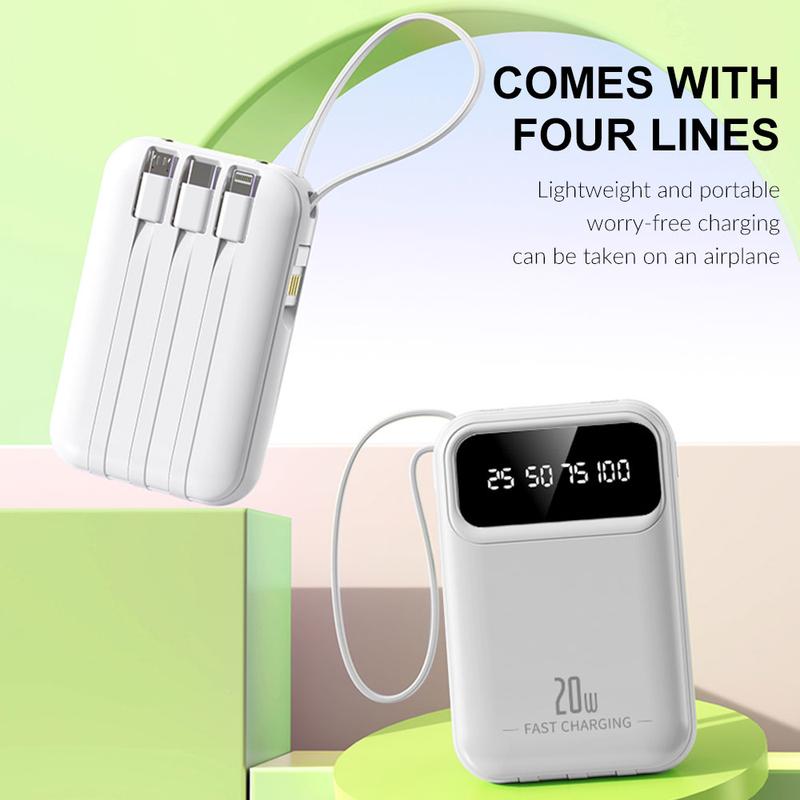 Portable Charger with Built-in Cable, 10,000mAh Capacity, Built-in Type-C and iOS Output Cable, Slim Travel Essentials Battery Pack with LED Display for iPhone Series, Android Phones and Most Electronic Devices