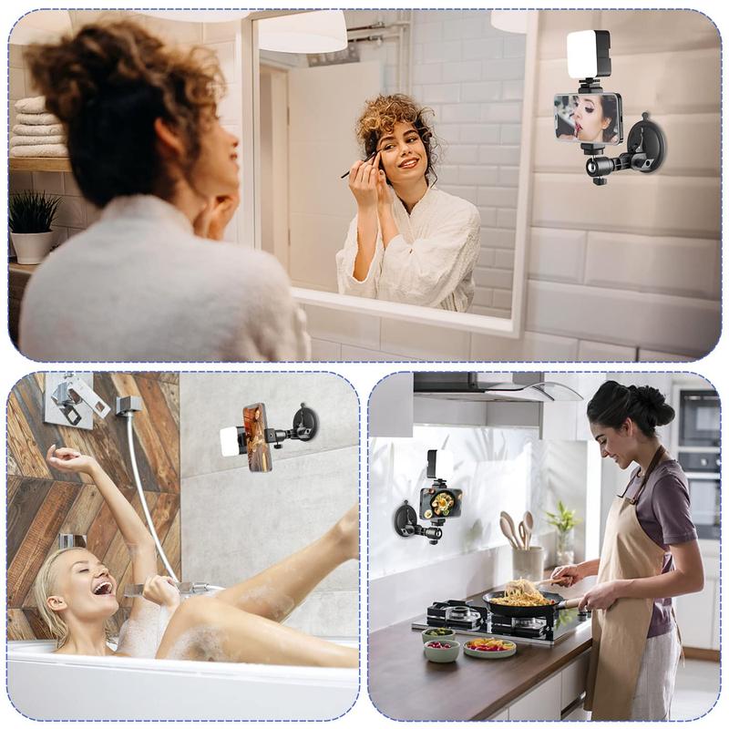 Suction Cup Mirror Phone Holder with Light, Adjustable Travel Wall Phone Camera Mount for Makeup Content Creator, Mirror Tripod for Home Kitchen Compatible with Smooth Surface, Phone Accessories