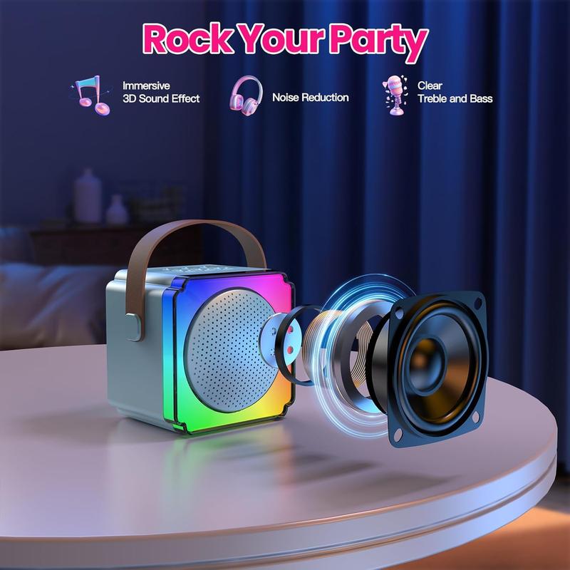 Portable Mini Wireless Karaoke Machine, Rechargeable Speaker with 2 Wireless Microphones, LED Colorful Light Speaker for Birthday Party, Holiday Gift