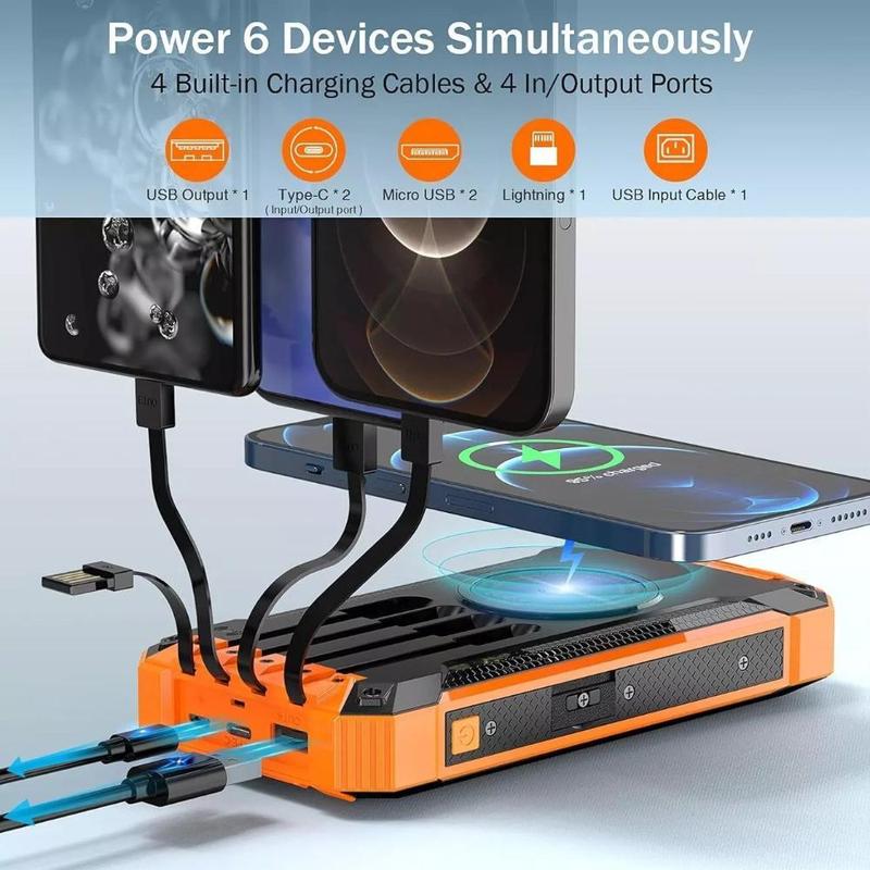 Portable Mobile Power 36000mAh Built-in 4 Cables 6 Outputs 15W Fast Charging Mobile Power for All Mobile Devices 3 Inputs Solar Portable Charger with Dual Flashlights