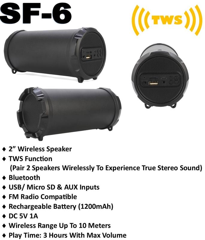 DIGITAL SUNFLASH SF-6 Portable Rechargeable Bluetooth Speaker Audio With Built-in FM Radio USB Port MicroSD Aux Input Compact Wireless Devices