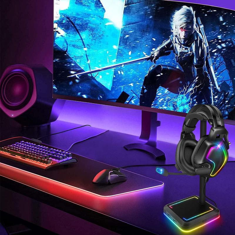 Headphone Stand, RGB Gaming Headset Holder with 2 USB Charger Ports & 10 Lighting Modes for Desktop PC Game Earphone Accessories